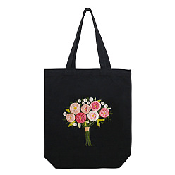 PapayaWhip DIY Bouquet Pattern Black Canvas Tote Bag Embroidery Kit, including Embroidery Needles & Thread, Cotton Fabric, Plastic Embroidery Hoop, PapayaWhip, 390x340mm