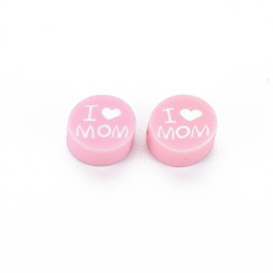 Pink Perles en fimo faits à la main, thème de la fête des mères, plat rond avec mot j'aime maman, rose, 8~9.5x3.5~4.5mm, Trou: 1.5mm