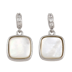 Platinum Brass Micro Pave Clear Cubic Zirconia Pendants, Square Charm, with Natural Shell, Platinum, 11.5x9.5x3.5mm, Hole: 2x2mm
