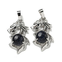 Синий Драгоценный Камень Синтетический синий авантюрин подвески, Подвески-драконы со стойкой, латунная фурнитура, платина, без кадмия и без свинца, 31x18x8~10 мм, отверстие : 5x8 мм