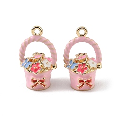 Pink Подвески из эмали и сплава, подвески в виде цветочных корзин, долговечный, стойки покрытие, золотые, розовые, 19.5~20x11.5x10.5~11 мм, отверстие : 1.4 мм