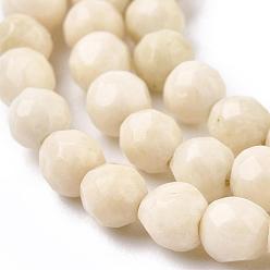 Beige Natural Fossil Round Bead Strands, Faceted, Beige, 4mm, Hole: 1mm, about 90pcs/strand, 14.7 inch