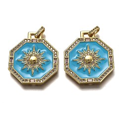 Deep Sky Blue Brass Micro Pave Clear Cubic Zirconia Pendants, Long-Lasting Plated, with Jump Rings & Enamel, Real 18K Gold Plated, Octagon with Sun, Deep Sky Blue, 29x25x2.4mm, Hole: 4.3x2.6mm