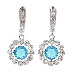 Голубой Серьги-кольца с цветком из латуни и кубическими цирконами для женщин, платина, голубой, 35x16 мм