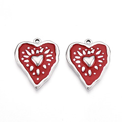 Rot 304 Edelstahl Anhänger, mit Emaille, Herzanhänger, Edelstahl Farbe, rot, 25.5x21x3 mm, Bohrung: 1.6~1.8 mm