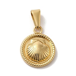 Golden Vacuum Plating 304 Stainless Steel Pendants, Flat Round with Shell Charm, Golden, 17x15x3mm, Hole: 3x7.5mm