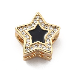 Черный Стойка покрытие латунь с кубическим цирконием европейские бусины и эмаль, звезда, бусины с большим отверстием, долговечный, без свинца и без кадмия, чёрные, 12x12x8 мм, отверстие : 4.5 мм