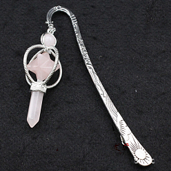 Rose Quartz Natural Rose Quartz Merkaba Star Pendant Bookmark, Antique Silver Plated Alloy Hook Bookmark, Pendant: 120x21mm