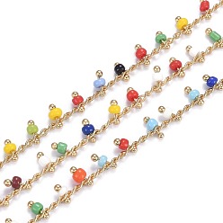 Colorful Brass Handmade Glass Beaded Chains, with Spool, Soldered, Long-Lasting Plated, Real 18K Gold Plated, Rondelle, Colorful, Links: 2x2x0.8mm, Charm: 5.5x3mm, about 16.4 Feet(5m)/roll