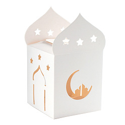 White Ramadan & Eid Mubarak Paper Castle Gift Bags, Folding Gift Packaging Box with Hollow Window, White, 8x8x9cm