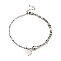 Сердце Устойчивый к потускнению 304 браслет на щиколотку из нержавеющей стали с подвесками и цепочками-спутниками для женщин, цвет нержавеющей стали, Сердце Pattern, Сердце: 11x10x0.5 mm, 8-7/8 дюйм (22.5 см)
