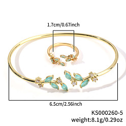 Бледно-бирюзовый Модные комплекты из латунных браслетов и колец с кубическим цирконием в форме листьев для повседневной носки, золотые, бледные бирюзовая