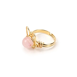 Rose Quartz Natural Rose Quartz Adjustable Ring, Cat Shape Golden Brass Wire Wraped Ring, Wide: 8mm