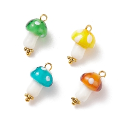 Mixed Color Handmade Lampwork Pendants, with Golden Plated Brass Loops, Mushroom, Mixed Color, 18.5~19x10~11mm, Hole: 1.6~2mm
