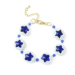 Blue MIYUKI Glass Seed & Lampwork & Rhinestone Braided Star Link Chain Bracelets, Blue, 7-1/8 inch(18cm)