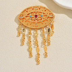 Golden Vintage Brass Micro Pave Cubic Zirconia Filigree Evil Eye Dangle Brooches, Leaf Tassel Breast Pins, Golden, 50x85mm