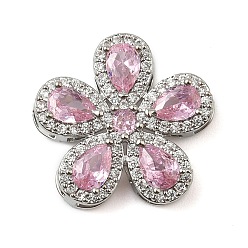 Pink Латунный паве кубический цирконий 5-лепестковый цветок многорядные звенья, платина, стойки покрытие, долговечный, без кадмия и без свинца, розовые, 20x20.5x5.5 мм, отверстие : 4x2 мм
