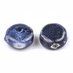 Marine Blue Handmade Porcelain Beads, Fancy Antique Glazed Porcelain, Flat Round, Marine Blue, 10~11x10.5~11x5~5.5mm, Hole: 1.5~2mm