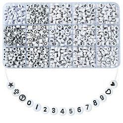 Белый 900шт 15 стили белые и черные акриловые бусины, плоско-круглые, белые, 7x3.5~4 мм, отверстие : 1.3~1.8 мм, 60 шт / стиль