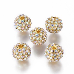 Crystal AB Alloy Rhinestone Beads, Grade A, Round, Golden Metal Color, Crystal AB, 12mm