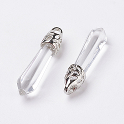 Clear Glass Pointed Pendants, with Platinum Tone Alloy Findings, Bullet, Clear, 33~40x8~9x8~9mm, Hole: 3x4mm