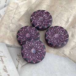 Purple Czech Glass Beads, Flat Round with Flower, Purple, 18mm