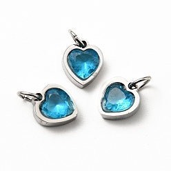 Dark Turquoise 304 Stainless Steel Pendants, with Cubic Zirconia and Jump Rings, Single Stone Charms, Heart, Stainless Steel Color, Dark Turquoise, 9x8x3mm, Hole: 3.6mm