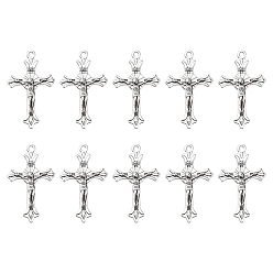 Antique Silver 10Pcs Zinc Tibetan Style Alloy Pendants, Crucifix Cross, Religion, Antique Silver, 37x22x2.5mm, Hole: 2mm