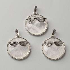 Quartz Crystal Natural Quartz Crystal Pendants, with Platinum Tone Brass Findings, Flat Round with Glasses, 32~32.5x27.5x9mm, Hole: 6.5x5mm