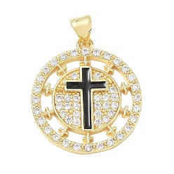 Black Religion Cross Brass Micro Pave Clear Cubic Zirconia Pendants, Flat Round Charms with Enamel, Lead Free & Cadmium Free, Long-Lasting Plated, Rack Plating, Real 18K Gold Plated, Black, 24x22x2mm, Hole: 5x3.5mm