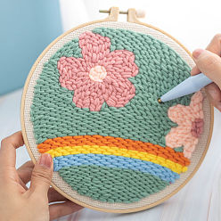 Flower DIY Rainbow Theme Punch Embroidery Kits, Including Printed Cotton Fabric, Embroidery Thread & Needles, Imitation Bamboo Embroidery Hoops, Flower Pattern