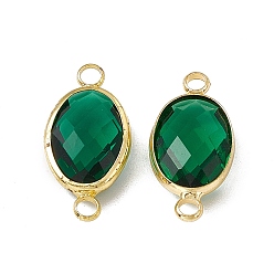 Emerald Transparent K9 Glass Connector Charms, with Light Gold Plated Brass Findings, Faceted, Oval Links, Emerald, 21.5x10.5x5.5mm, Hole: 2mm