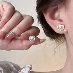 Platinum Heart Alloy Rhinestone Stud Earrings, Plastic Beads Earrings with 925 Sterling Silver Pins, Platinum, 50x50mm