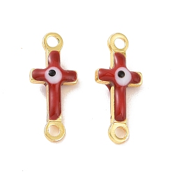 Red Brass Enamel Connector Charms, Real 18K Gold Plated, Religion Cross with Evil Eye Pattern, Red, 5.5x13x3mm, Hole: 1.2mm