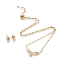 Golden 304 Stainless Steel Jewelry Sets, Brass Micro Pave Cubic Zirconia Pendant Necklaces and 304 Stainless Steel Stud Earrings, with Ear Nuts/Earring Back, Heart with Wing, Clear, Golden, 18.8 inch(48cm), 5.5x4mm, Pin: 0.8mm