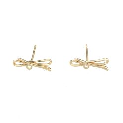 Real 18K Gold Plated Brass Stud Earring Findings, with Horizontal Loops, Bowknot, Real 18K Gold Plated, 4.3x13.5mm, Hole: 1mm, Pin: 0.7mm