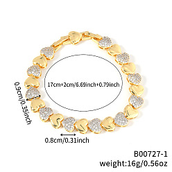 Золотой Элегантные браслеты-цепочки в форме сердца, ювелирные изделия из латуни с микро-паве из прозрачного кубического циркония для женщин, золотые, Сердце: 1/4x3/8 дюйм (0.8x0.9 см), внутренний диаметр: 5-1/2 дюйм (14 см)