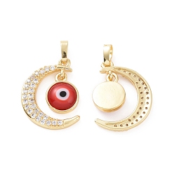 Red Brass Micro Pave Cubic Zirconia Pendants, with Handmade Evil Eye Lampwork, Crescent Moon Charm, Real 18K Gold Plated, Red, 23x16x4mm, Hole: 4x6mm