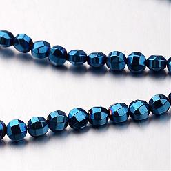 Blue Plated Electroplate Non-magnetic Synthetic Hematite Bead Strands, Faceted, Flat Round, Blue Plated, 4x4x3mm, Hole: 1mm, about 102pcs/strand, 15.7 inch