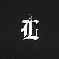 Letter L 304 Stainless Steel Pendants, with Jump Ring, Old English, Letter, Laser Cut, Stainless Steel Color, Letter.L, 16x13x1mm, Hole: 3mm