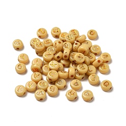 Champagne Yellow Plating Acrylic Beads, Golden Metal Enlaced, Horizontal Hole, Flat Round with Letter, Champagne Yellow, 6.5~7x3.5~4mm, Hole: 1.6mm, about 3600g/500g