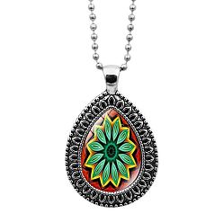 Green Glass Teardrop with Mandala Flower Pendant Necklace with Ball Chains, Platinum Alloy Jewelry for Women, Colorful, 23.62 inch(60cm)