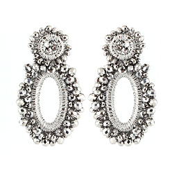 Plata Pendientes trenzados con diamantes de imitación para mujer., oval, estilo bohemio, plata, 70x43 mm