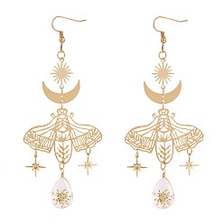Golden Alloy Moth with Flower Specimen Drop Dangle Earrings, Moon Sun Star Long Drop Earrings for Women, Golden, 111x45mm, Pin: 0.8mm