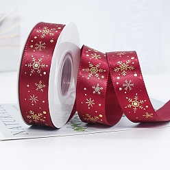Dark Red 22M Flat Christmas Snowflake Printed Polyester Satin Ribbons, Hot Stamping Ribbons, Dark Red, 1 inch(25mm), about 24.06 Yards(22m)/Roll