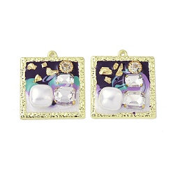 Purple Rack Plating Alloy Enamel Pendants, with Resin, ABS Imitation Pearl Beads, Rhinestone and Glass Beads, Cadmium Free & Nickel Free & Lead Free, Square, Purple, 33x30x6mm, Hole: 1.6mm