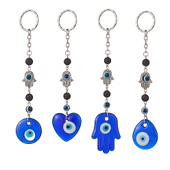 Blue Handmade Evil Eye Lampwork Pendant Keychain, Iron Keychain with Natural Lava Rock, Teardrop & Heart & Round & Hamsa Hand, Blue, 152~170mm, 4pcs/set