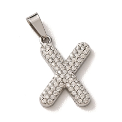 Letter X 304 Stainless Steel Micro Pave Clear Cubic Zirconia Pendants, Letter Charms, Stainless Steel Color, Letter X, 18x12x2.5mm, Hole: 6x2.5mm