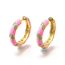 Pink Серьги-кольца из латуни с микропаве из прозрачного кубического циркония, с эмалью, кольцо, реальный 18 k позолоченный, розовые, 20x4 мм, штифты : 1 мм
