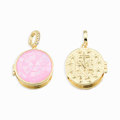 Pink Brass Micro Pave Clear Cubic Zirconia Locket Pendants, with Natural Abalone Shell/Paua Shell, Dyed, Nickel Free, Real 18K Gold Plated, Flat Round Charm with Virgin Mary Pattern Inside, Pink, 21x19x8mm, Hole: 4x5.5mm